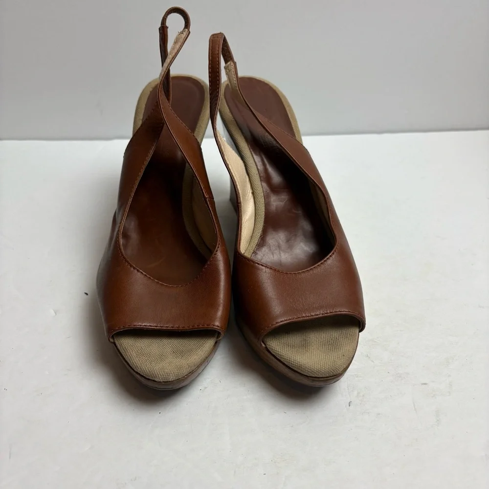 MaxMara Brown Leather Slingback Wedge Sandals Women’s size 37 6.5 Italy - Picture 3 of 10